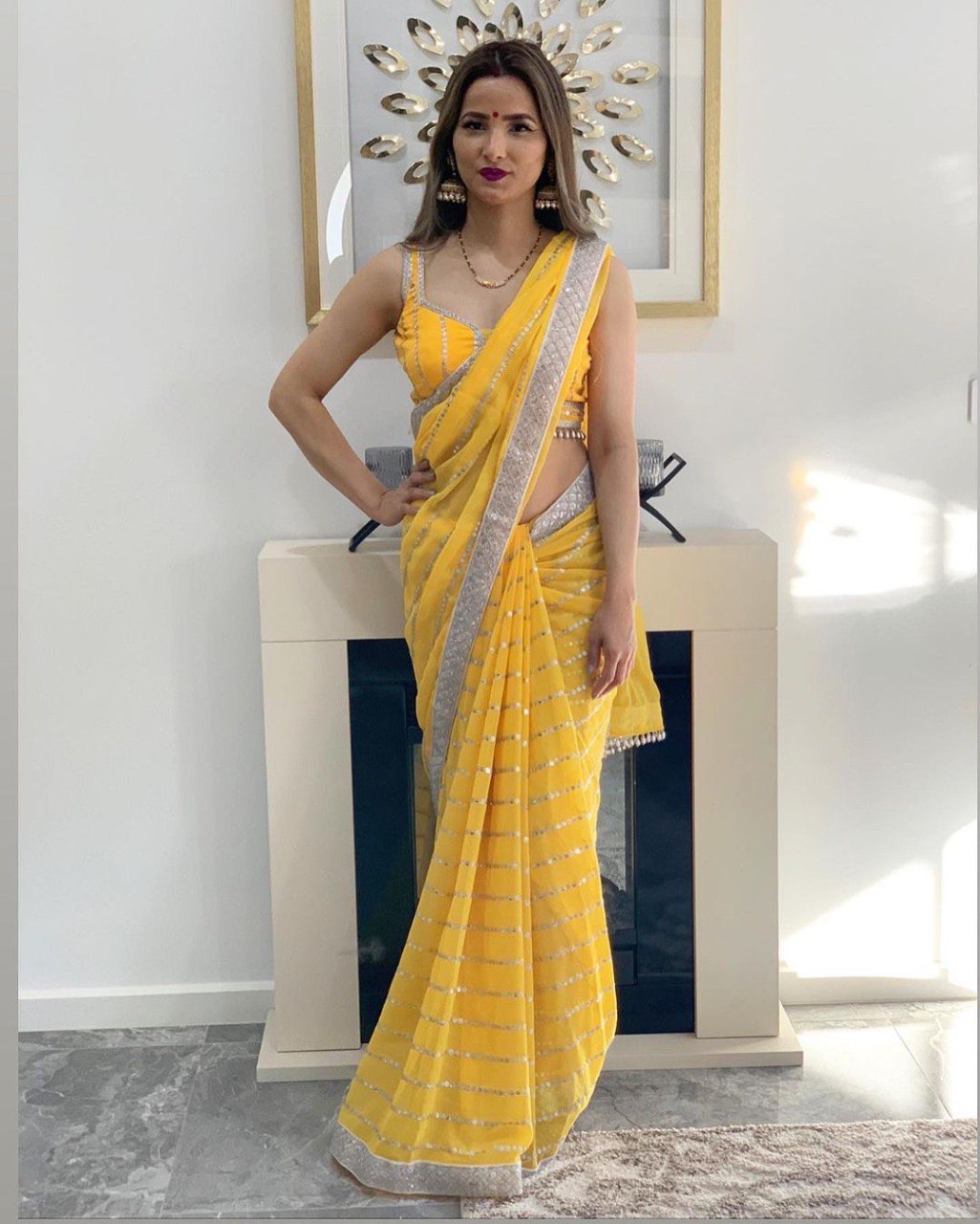 Yellow Saree In Georgette Silk With Embroidery Work