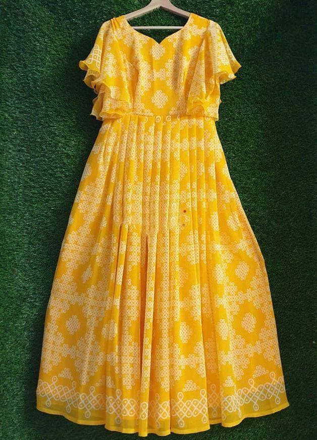 Yellow Georgette Silk Muggu Printed Gown