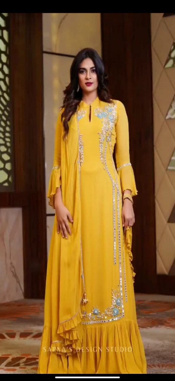Yellow Gown In Georgette Silk With Multi Embroidery Thread Work