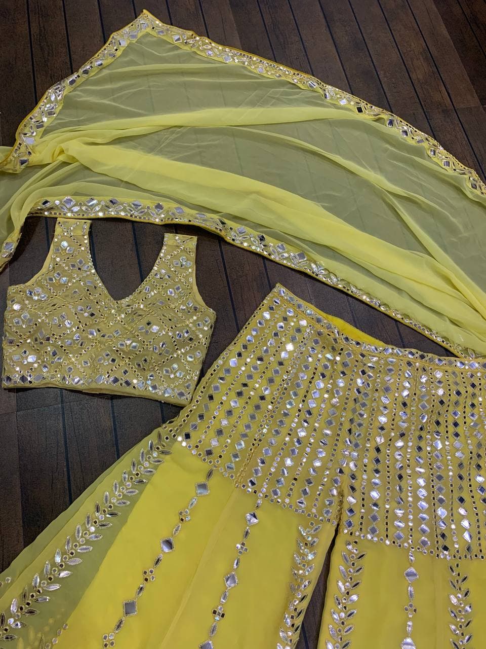 Yellow Georgette Silk Paper Mirror Work Sharara Lehenga Choli