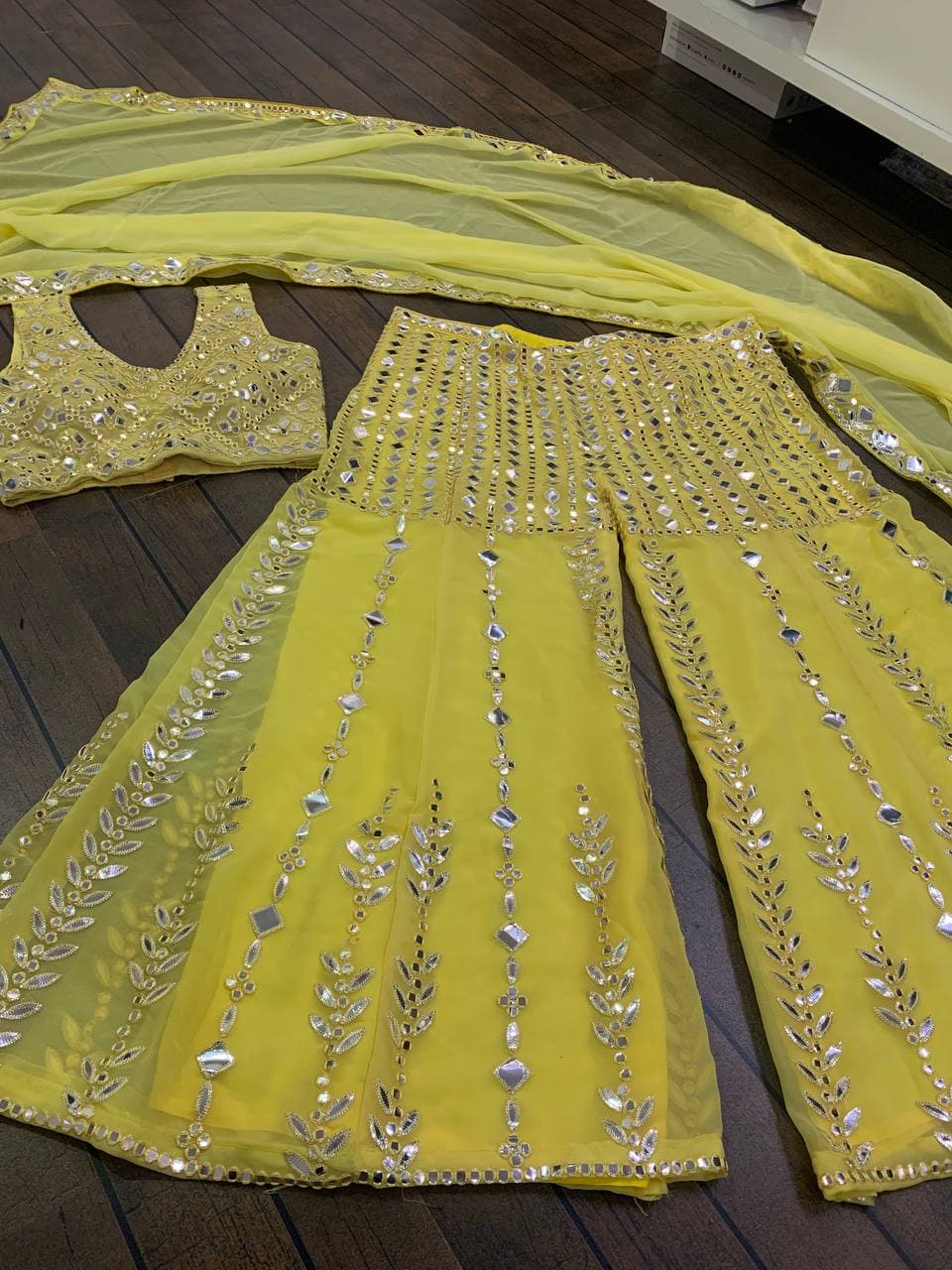 Yellow Georgette Silk Paper Mirror Work Sharara Lehenga Choli