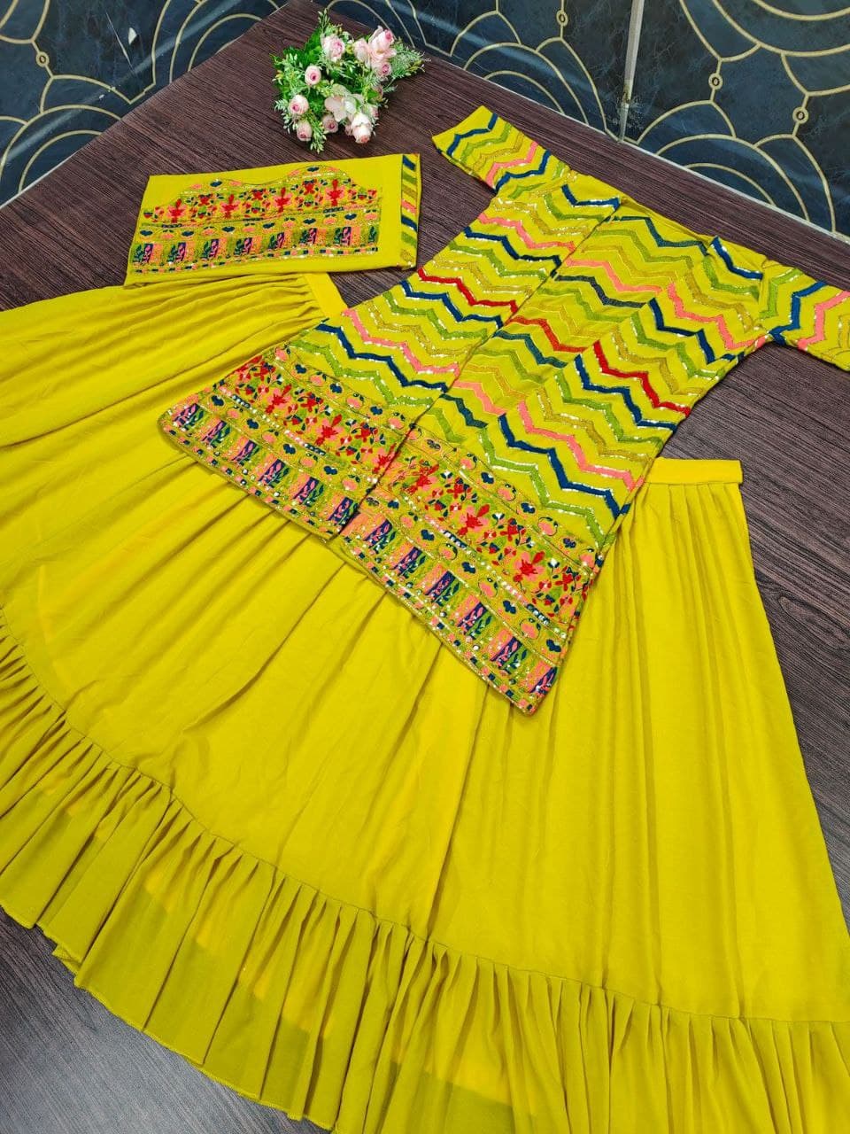 Yellow Lehenga Choli In Georgette Silk With Plain