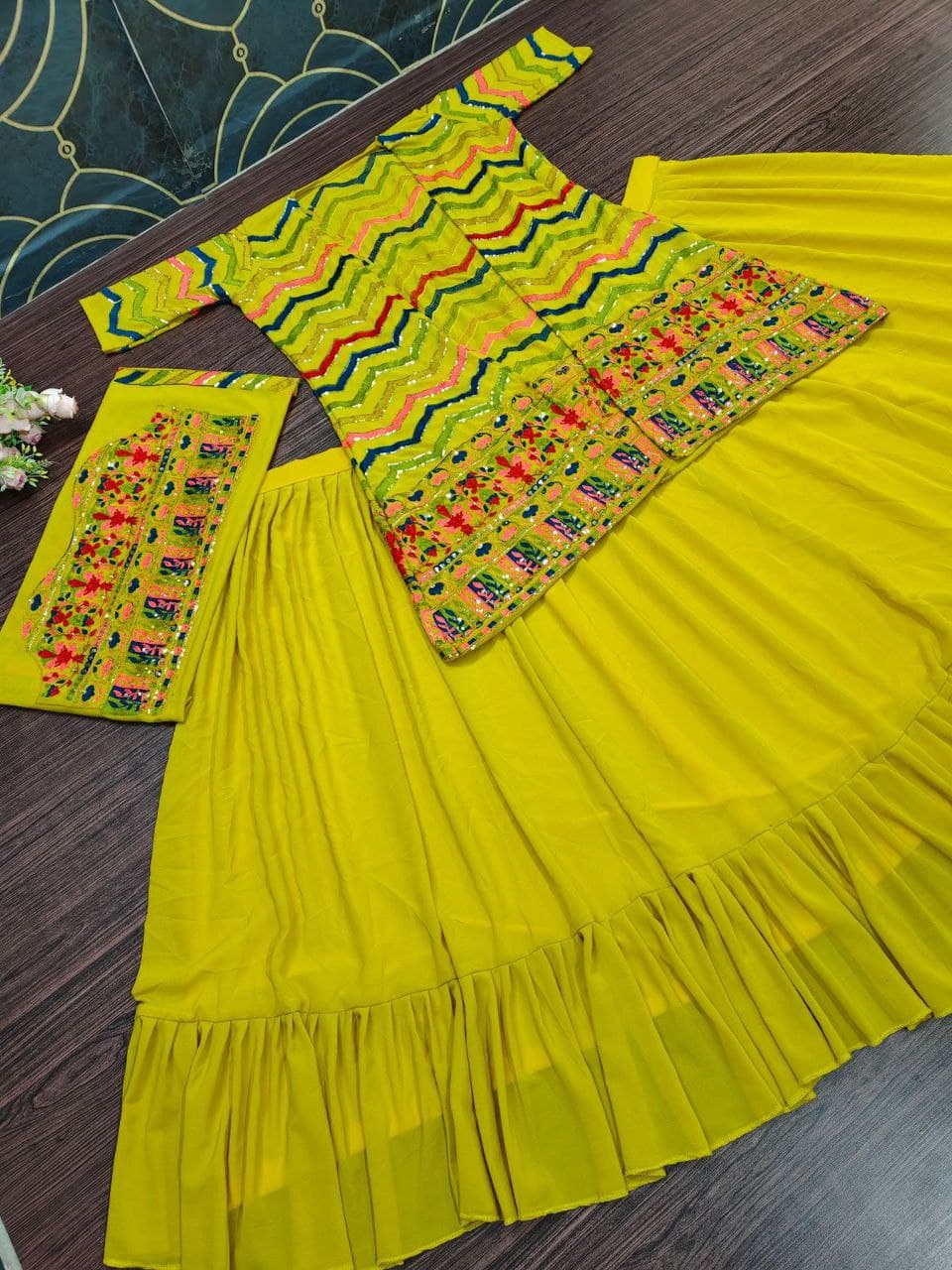 Yellow Lehenga Choli In Georgette Silk With Plain