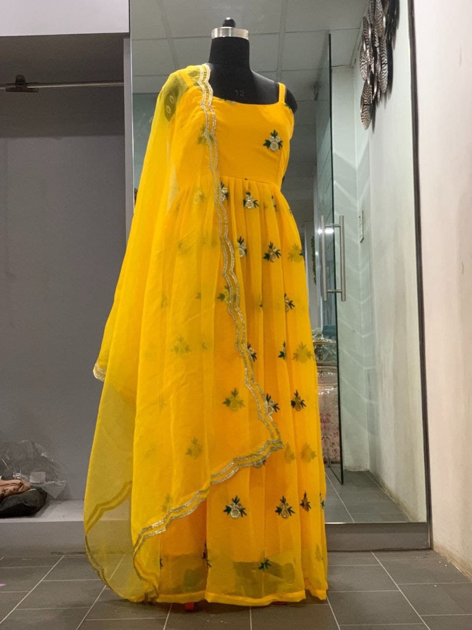 Yellow Gown In Georgette Silk With Thread Work