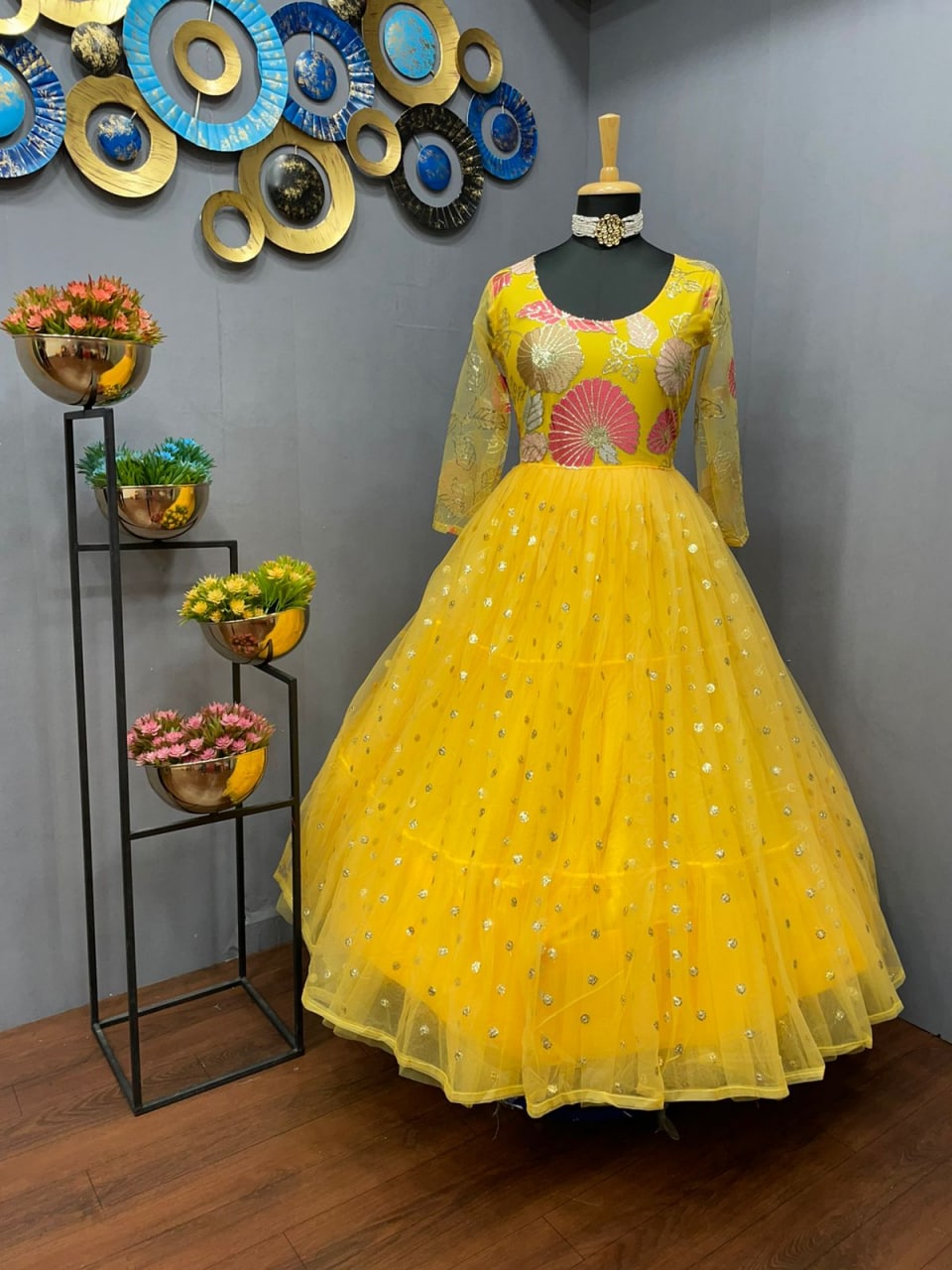 Yellow Gown In Georgette Silk, Net With Embroidery Work