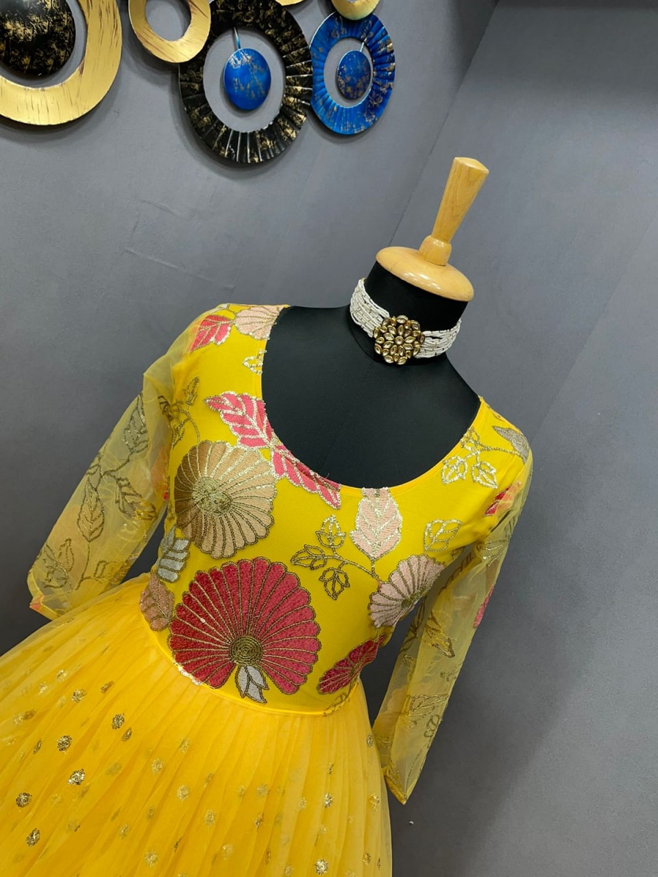 Yellow Gown In Georgette Silk, Net With Embroidery Work