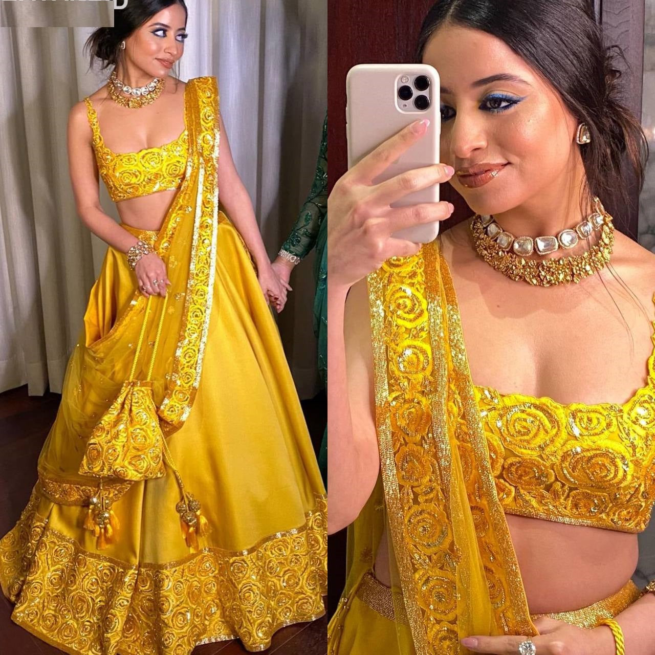 Yellow Lehenga Choli In Heavy Satin Taffeta Silk With Sequence Embroidery Work