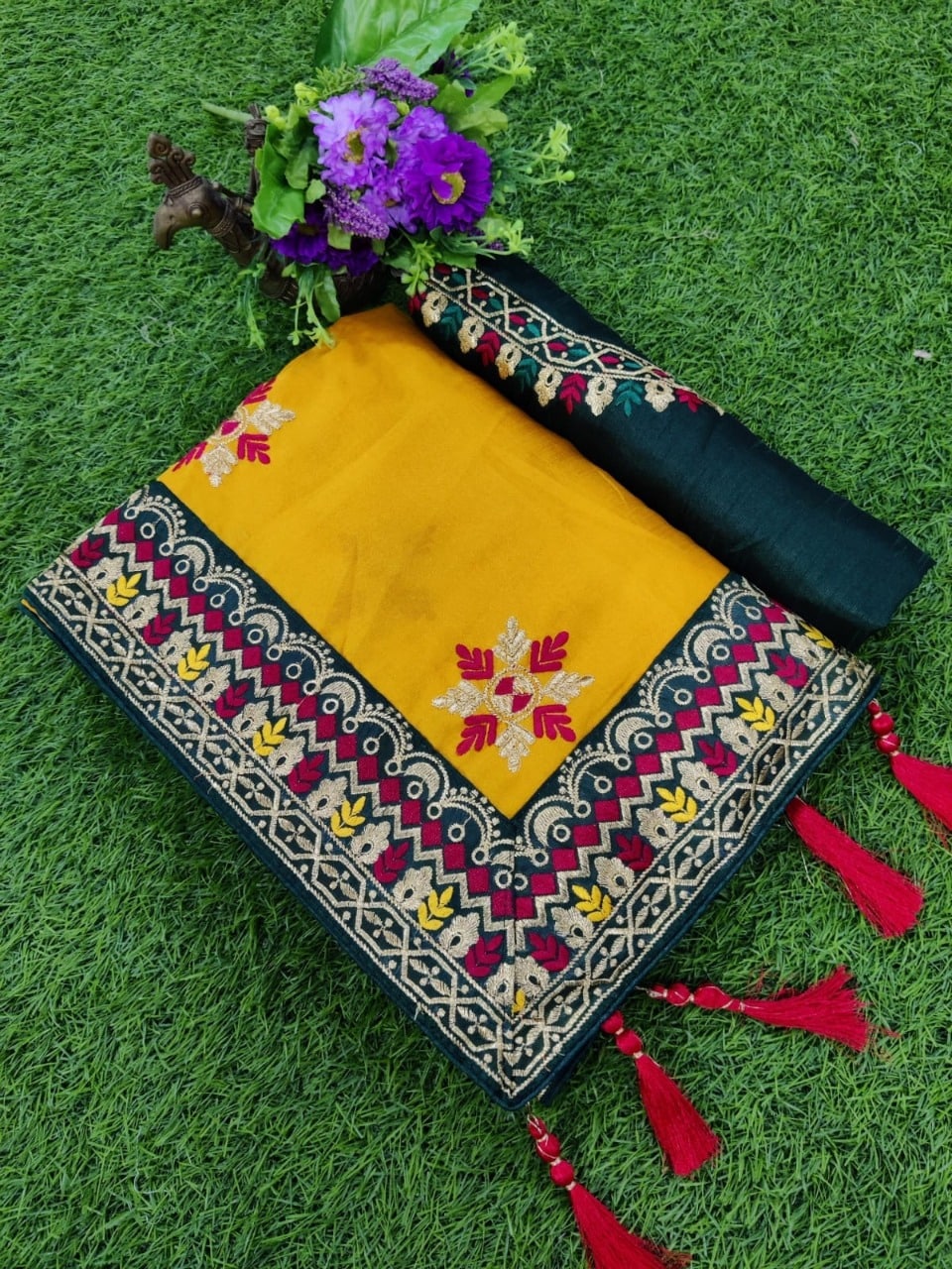 Yellow Heavy Vichitra Silk Embroidery Work Saree