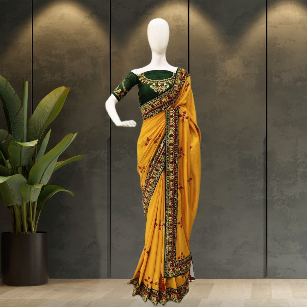 Yellow Heavy Vichitra Silk Embroidery Work Saree