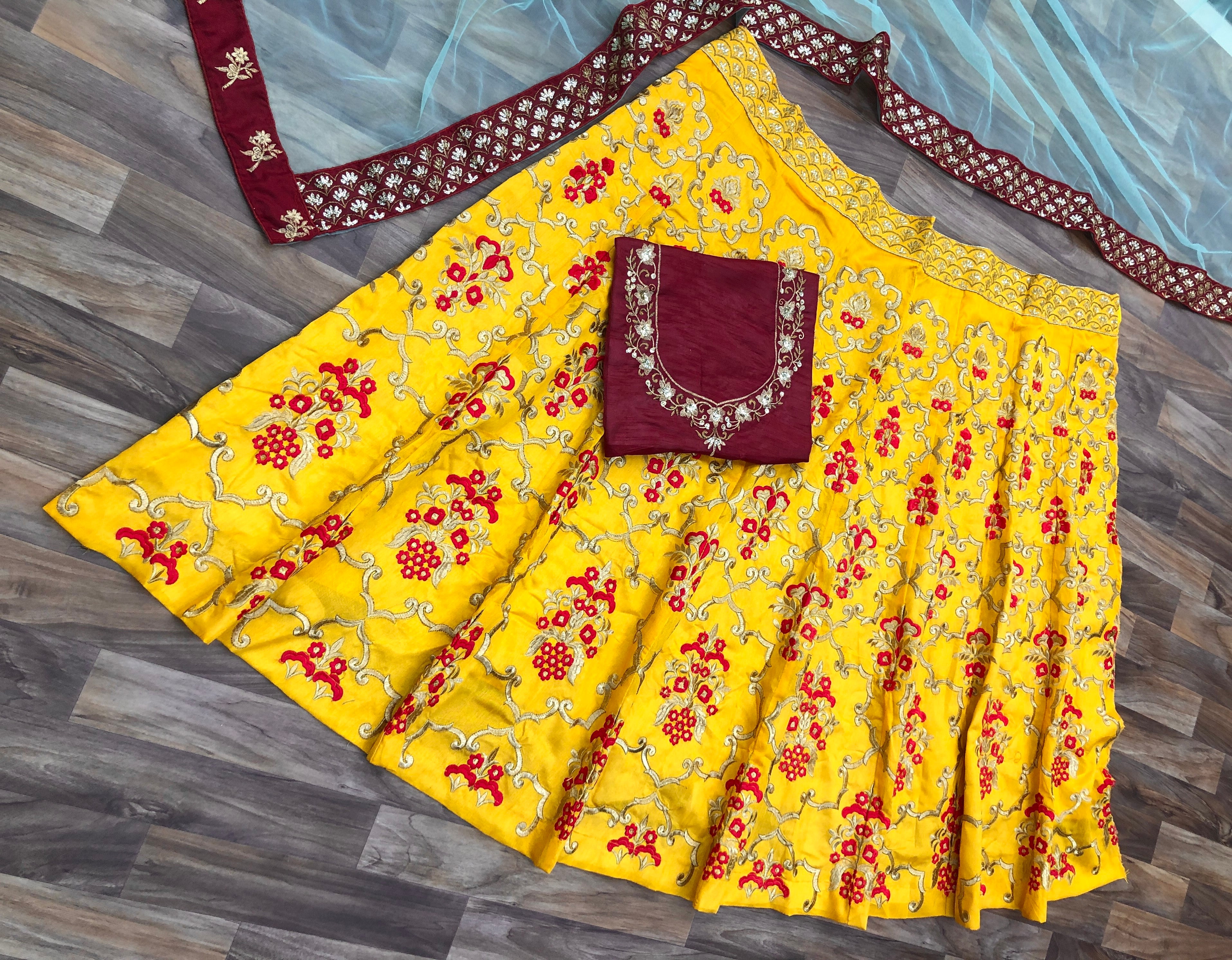 Yellow Lehenga Choli In Benglori Satin Silk With Thread Work