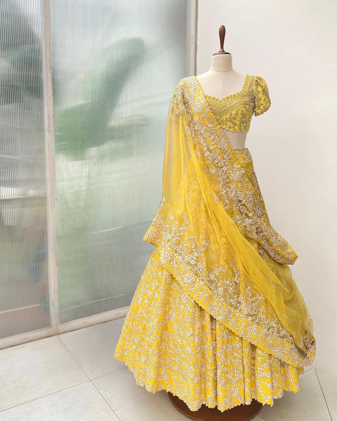 Yellow Lehenga Choli In Benglori Silk With Cording Dori Work