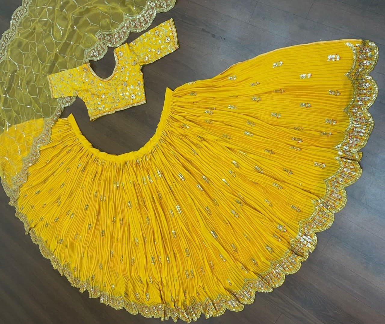 Yellow Lehenga Choli In Chinon Silk With Embroidery Work