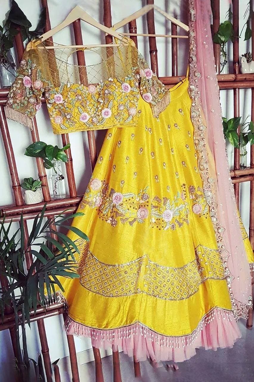 Yellow Lehenga Choli In Malai Satin Silk With Multi Work