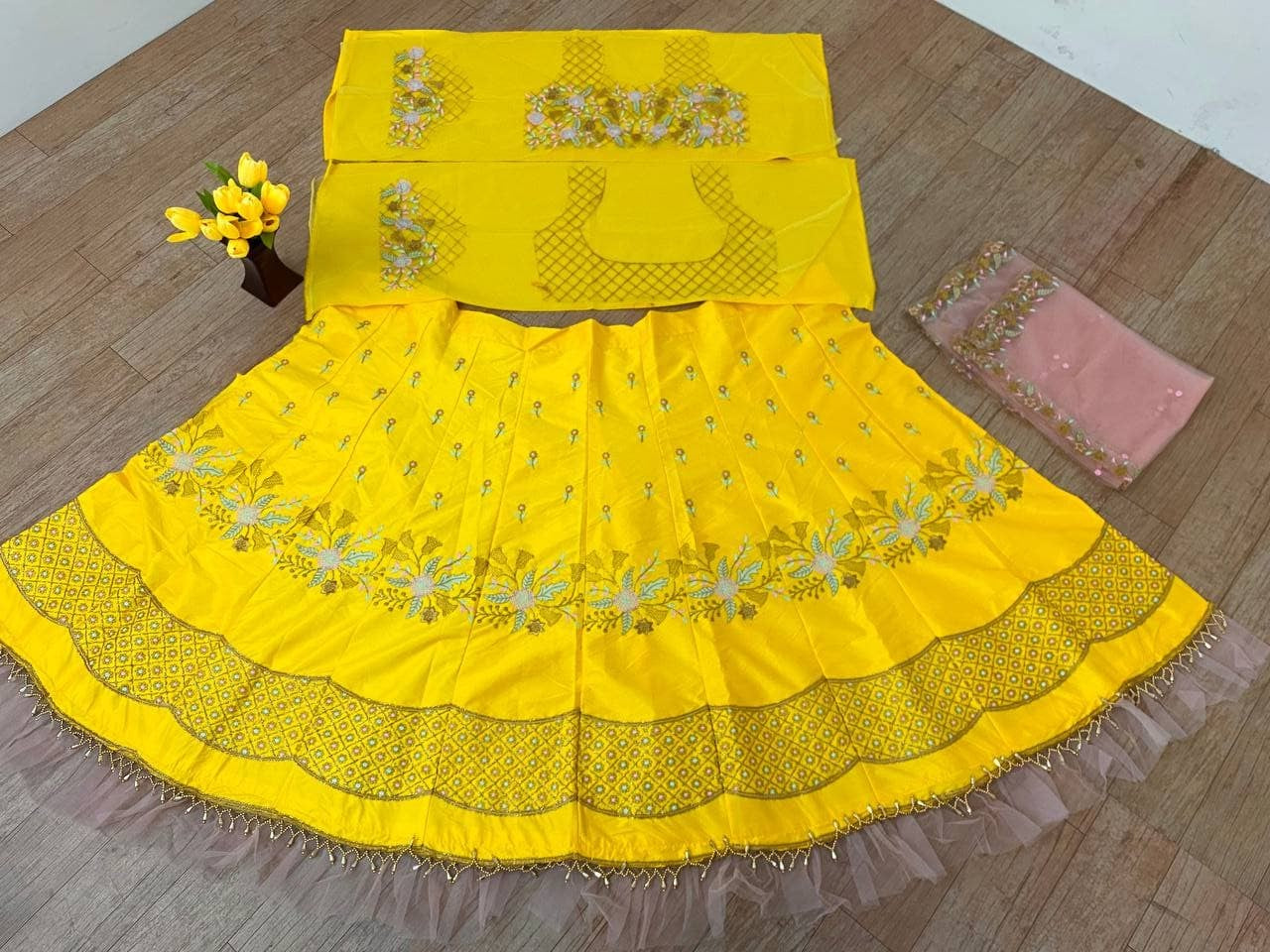 Yellow Lehenga Choli In Malai Satin Silk With Multi Work