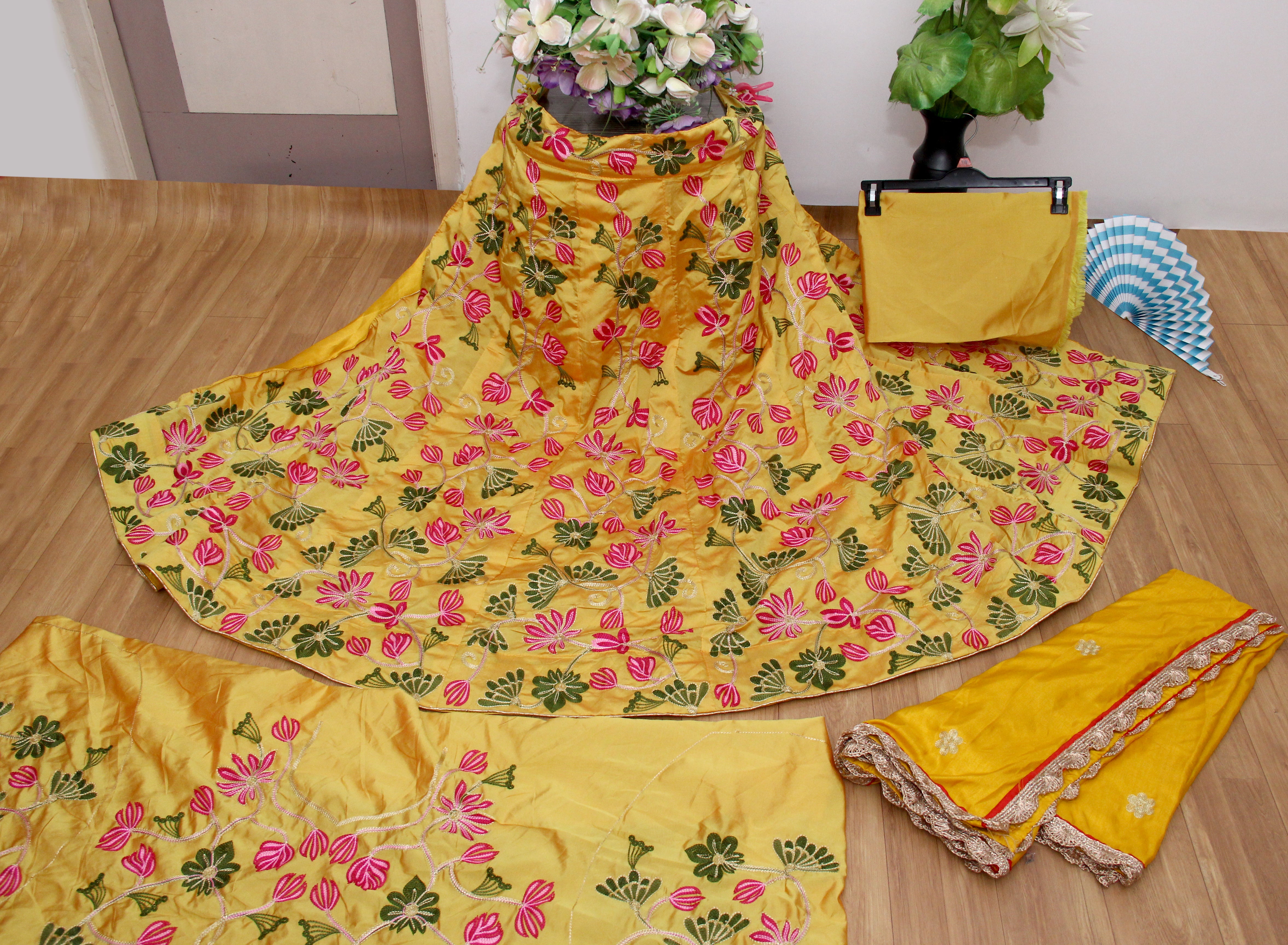 Yellow Lehenga Choli In Taffeta Silk With Chain Stitch Work