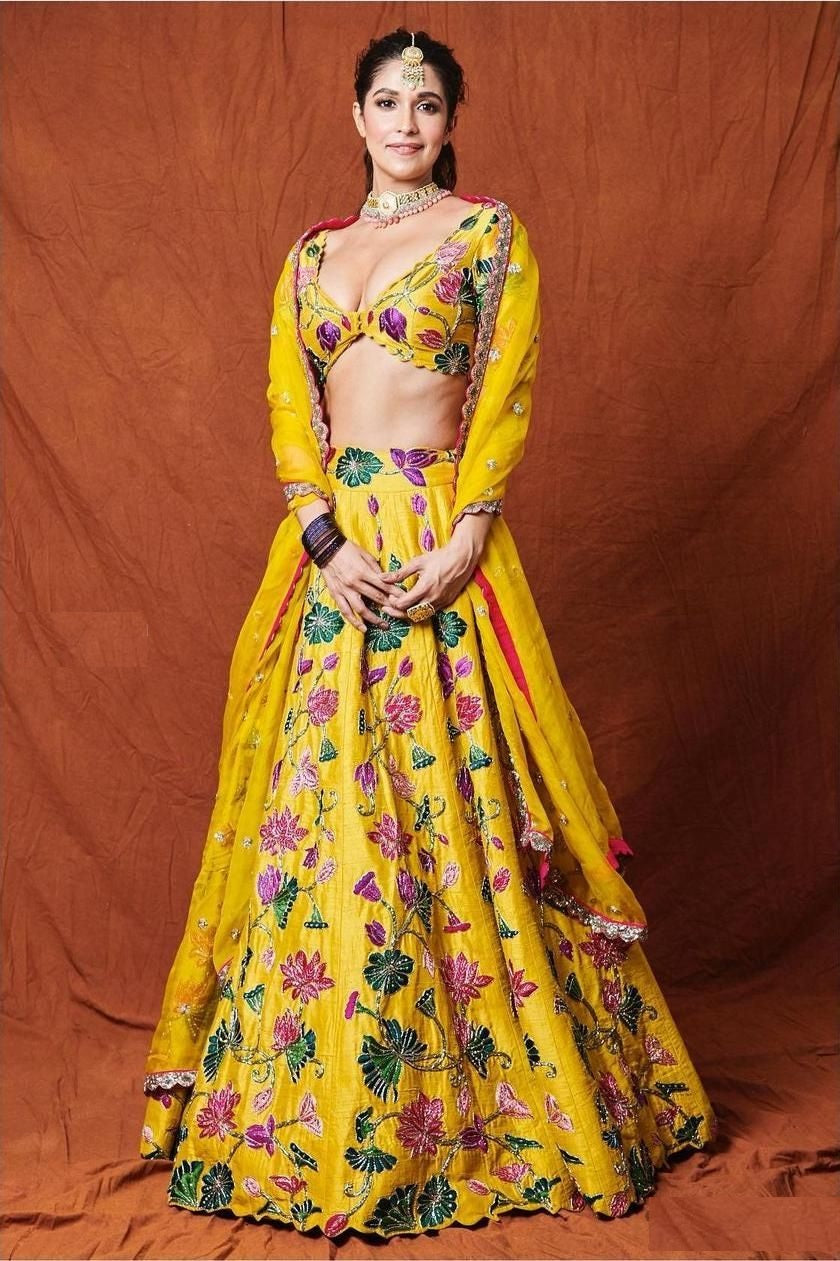 Yellow Lehenga Choli In Taffeta Silk With Chain Stitch Work