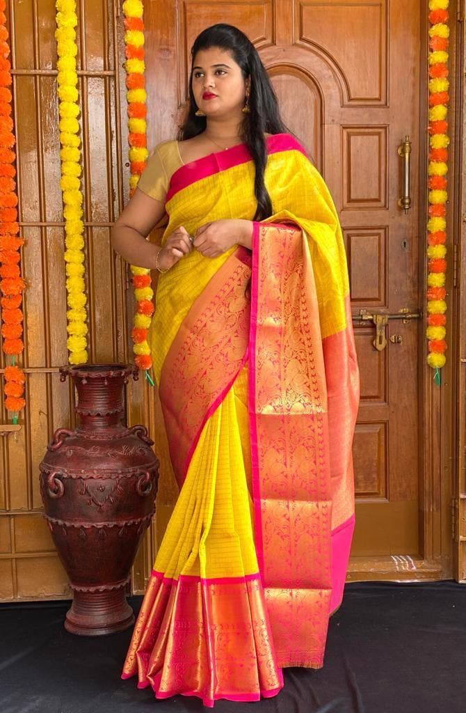 Yellow Lichi Silk Banarasi Saree With Blouse