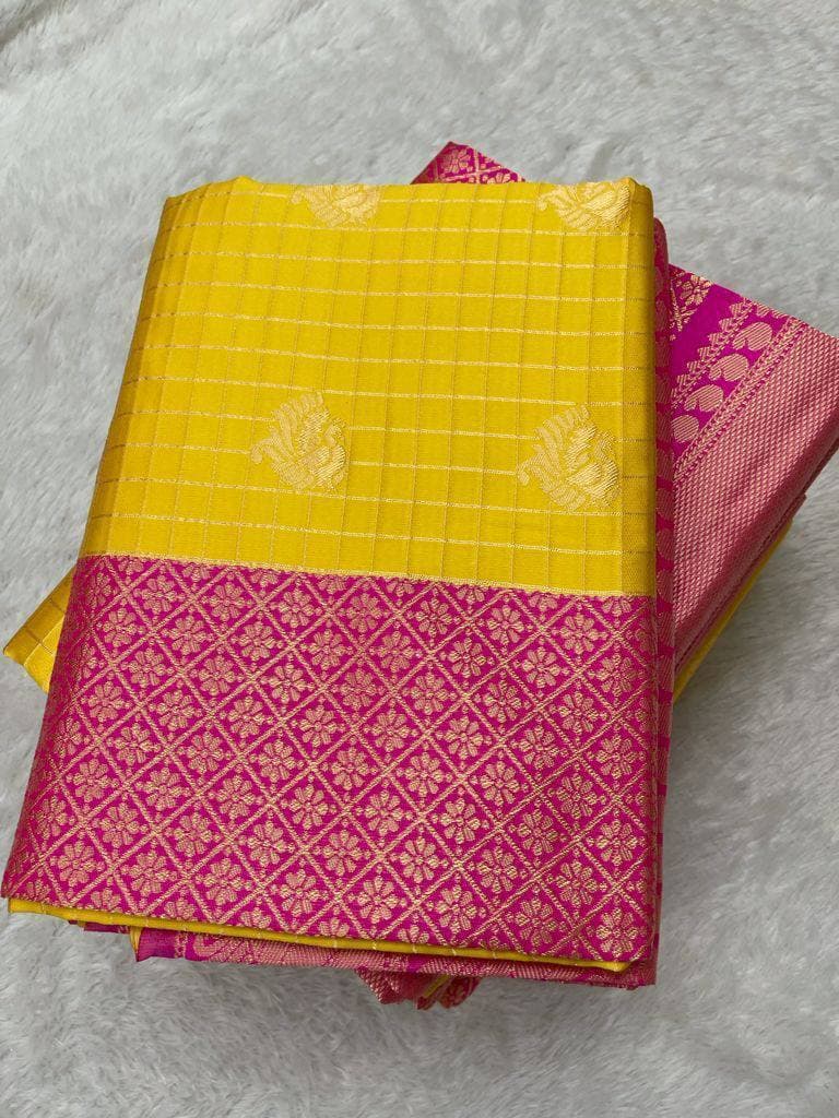 Yellow Lichi Silk Banarasi Saree With Blouse