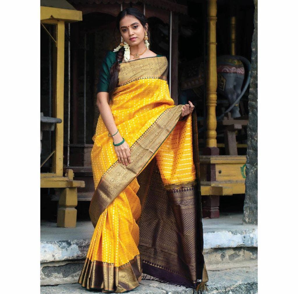 Yellow Lichi Silk Banarasi Saree With Blouse