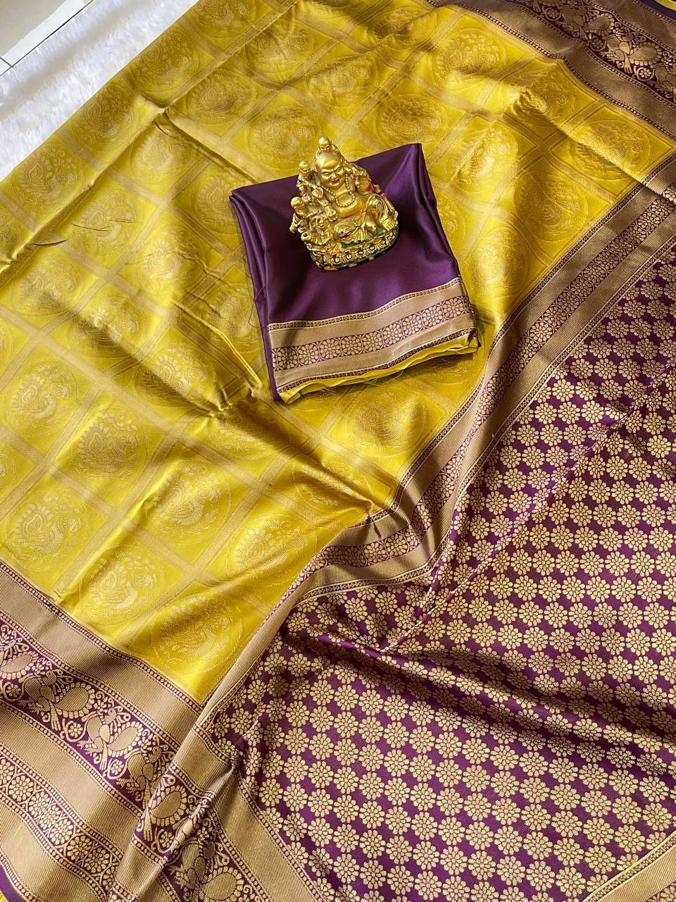 Yellow Lichi Silk Banarasi Saree