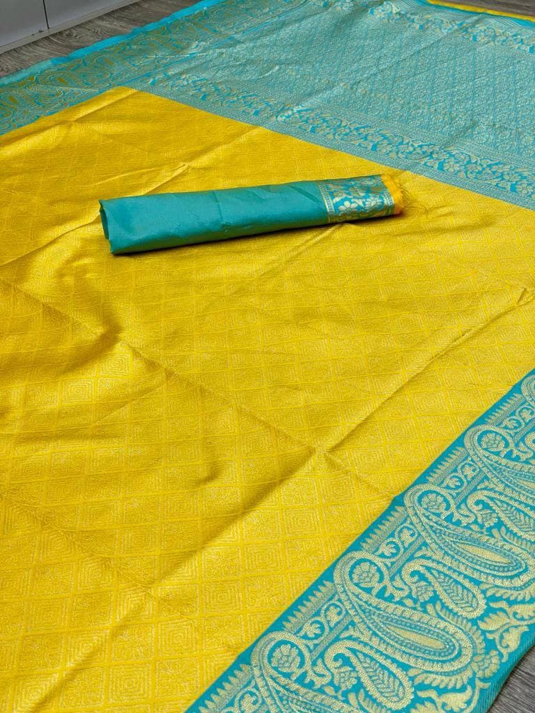 Yellow Lichi Silk Banarasi Saree With Blouse