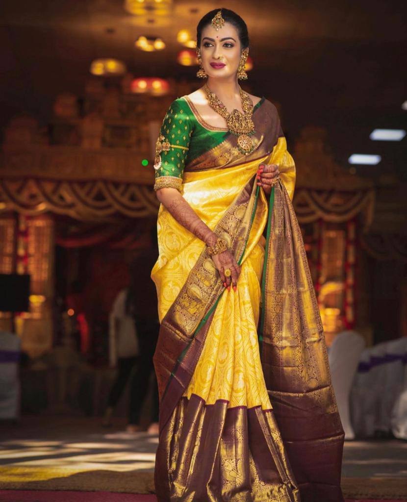 Yellow Lichi Silk Banarasi Saree