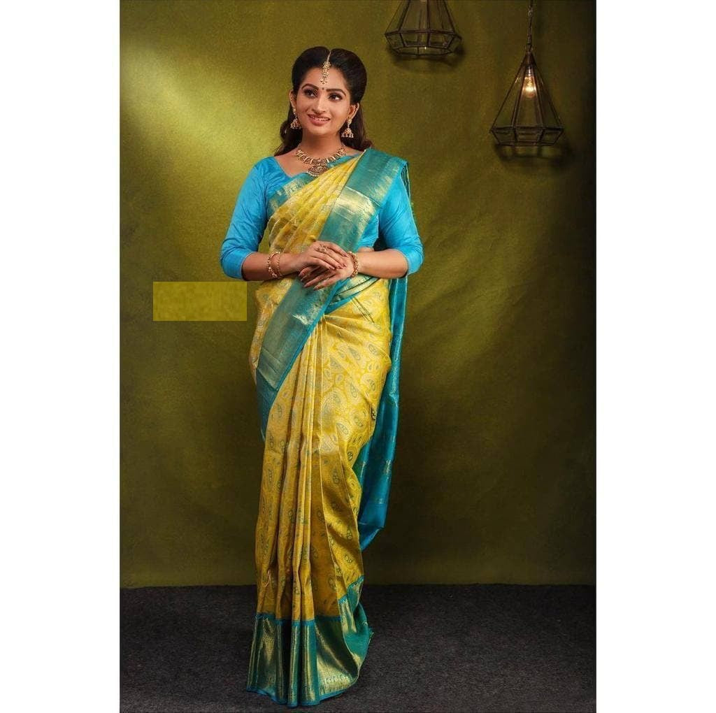 Yellow Lichi Silk Banarasi Saree With Blouse