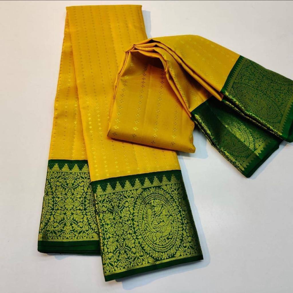 Yellow Lichi Silk Banarasi Saree With Blouse