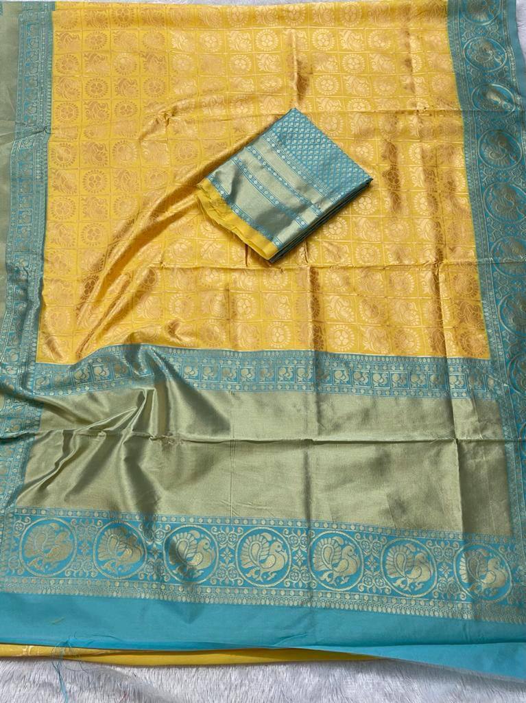 Yellow Lichi Silk Banarasi Saree With Blouse
