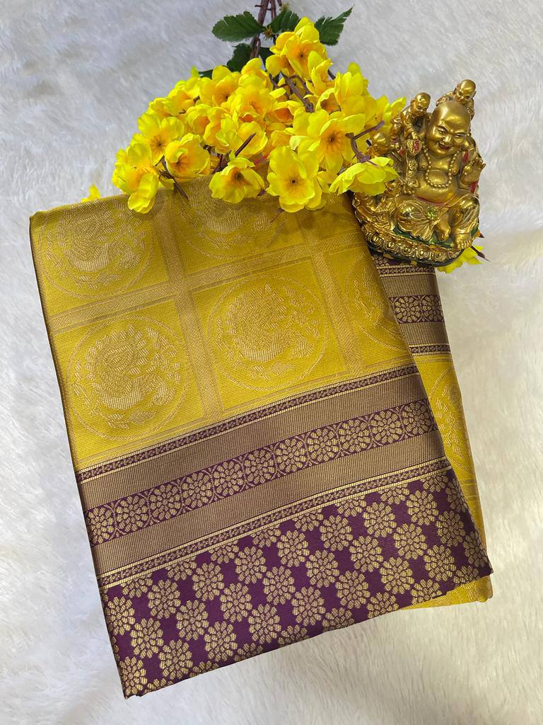 Yellow Lichi Silk Banarasi Saree