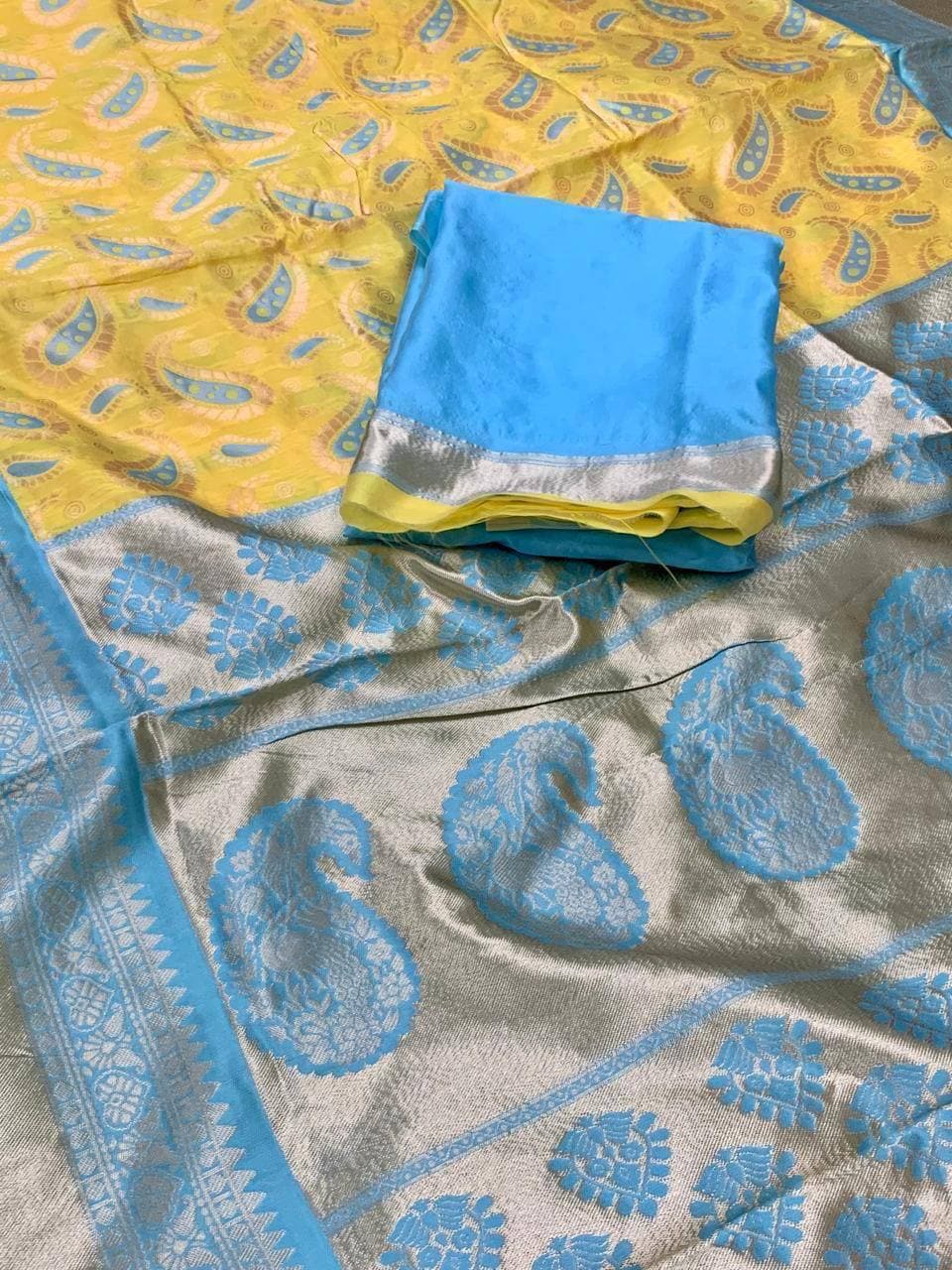 Yellow Lichi Silk Banarasi Saree With Blouse