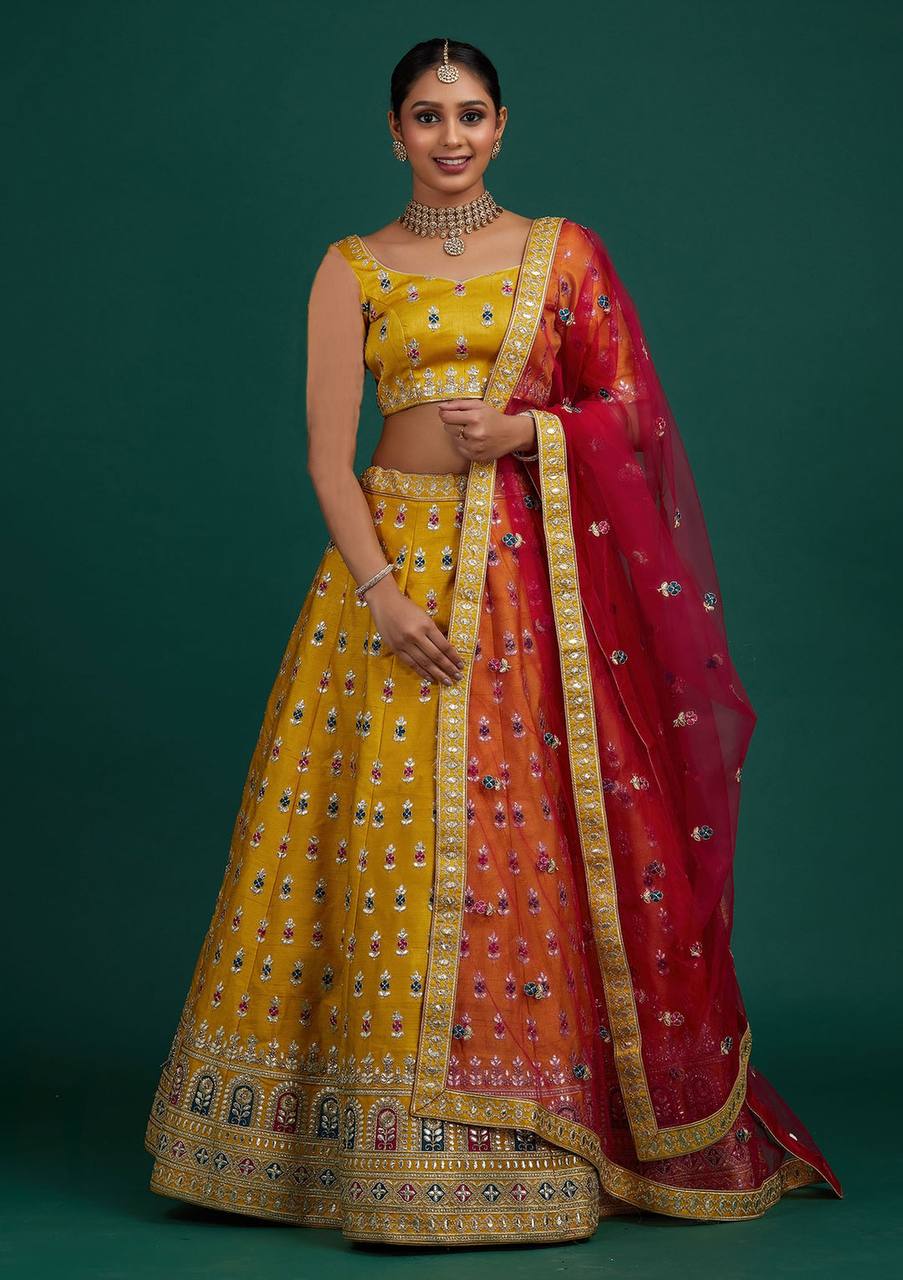 Yellow Lehenga Choli In Malai Satin Silk With Embroidery Work