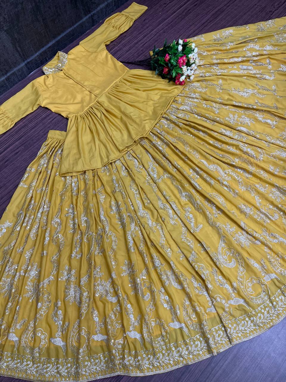 Yellow Lehenga Choli In Maslin Cotton With Embroidery Work