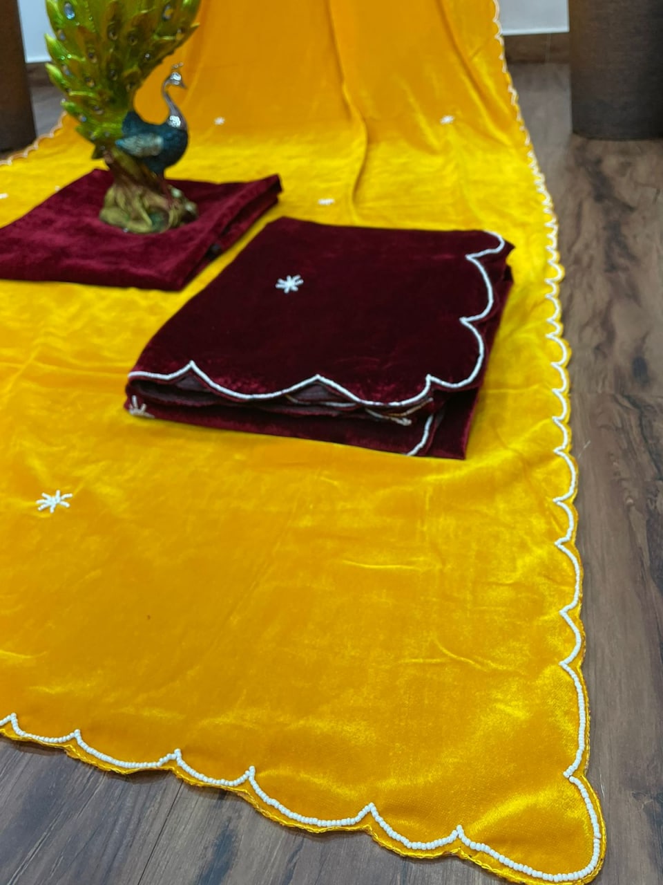 Yellow Mustard Saree In 9000 Velvet With Hand Work