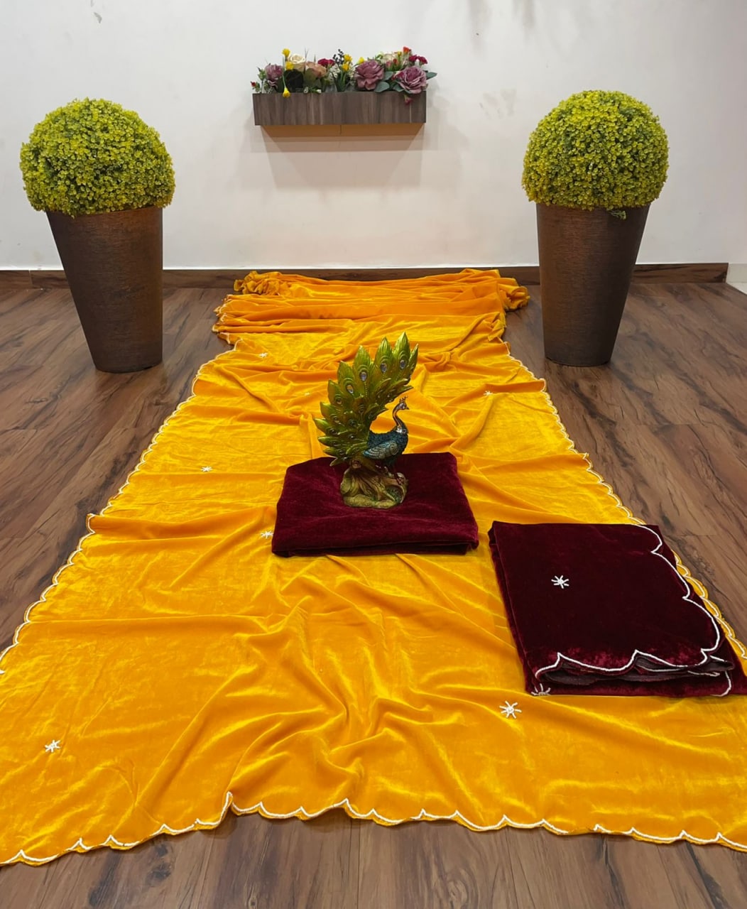 Yellow Mustard Saree In 9000 Velvet With Hand Work