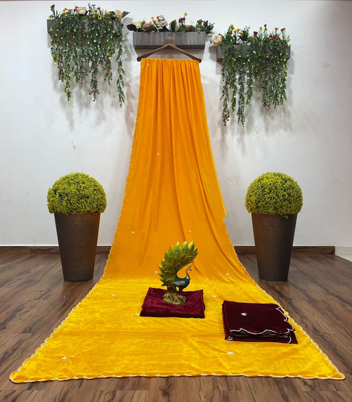 Yellow Mustard Saree In 9000 Velvet With Hand Work