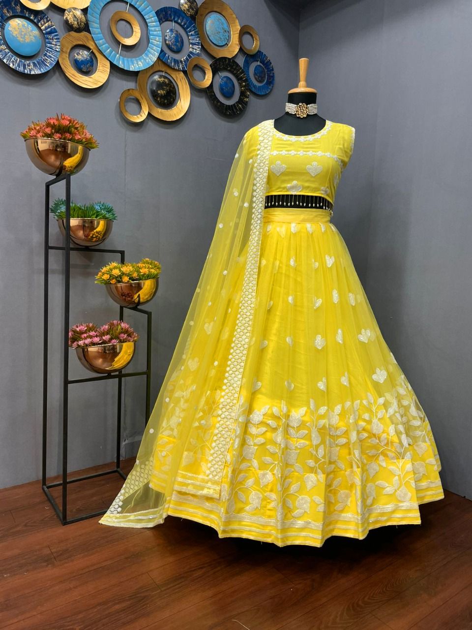 Yellow Lehenga Choli In Nylon Mono Net With Embroidery Work