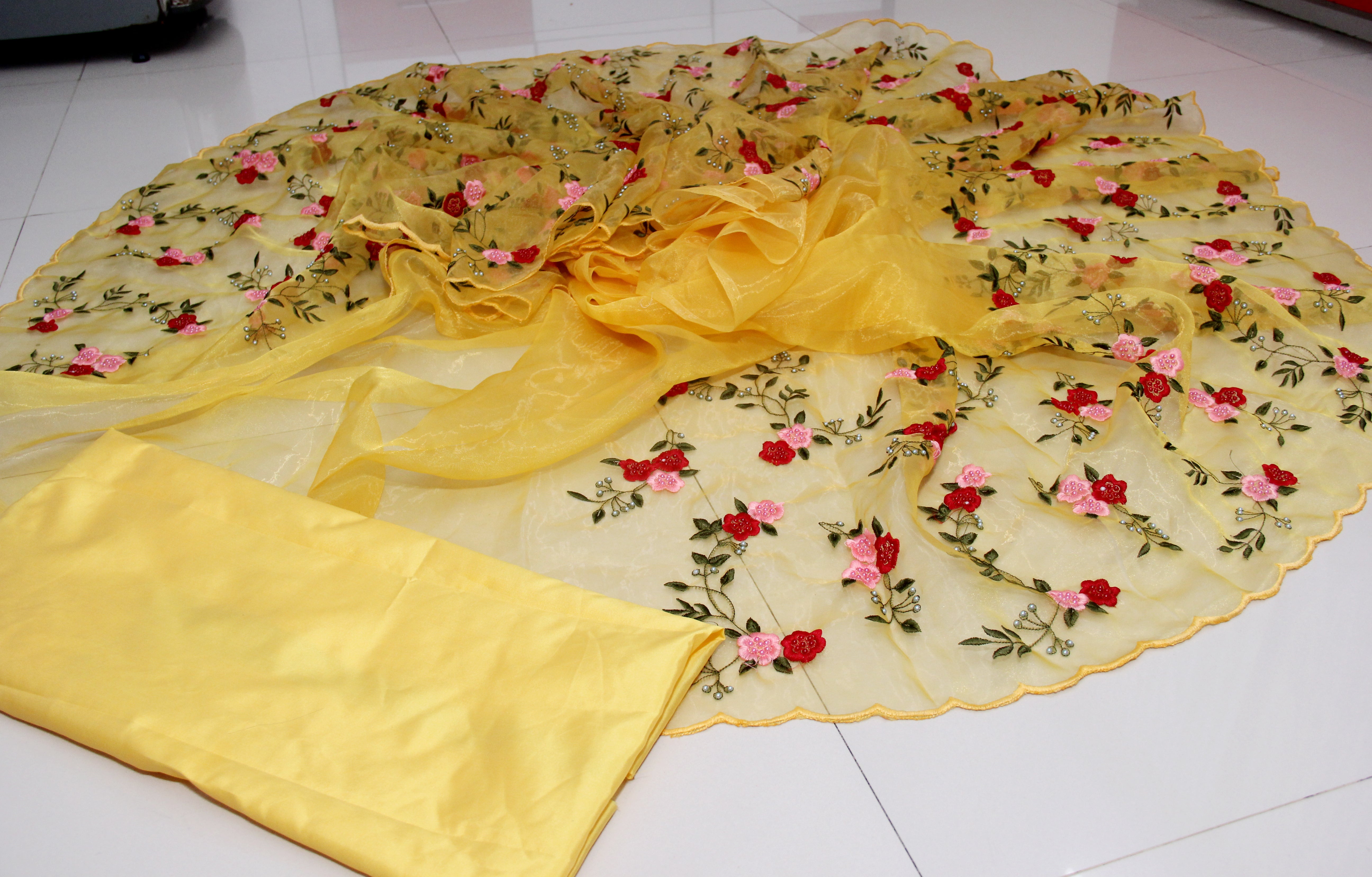 Yellow Saree In Nylon Mono Net With Fancy Thread Work
