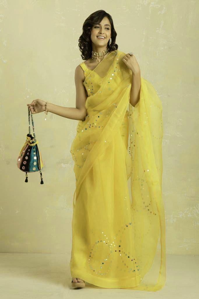 Yellow Saree In Organza Silk With Awsome Bubble Arco Work
