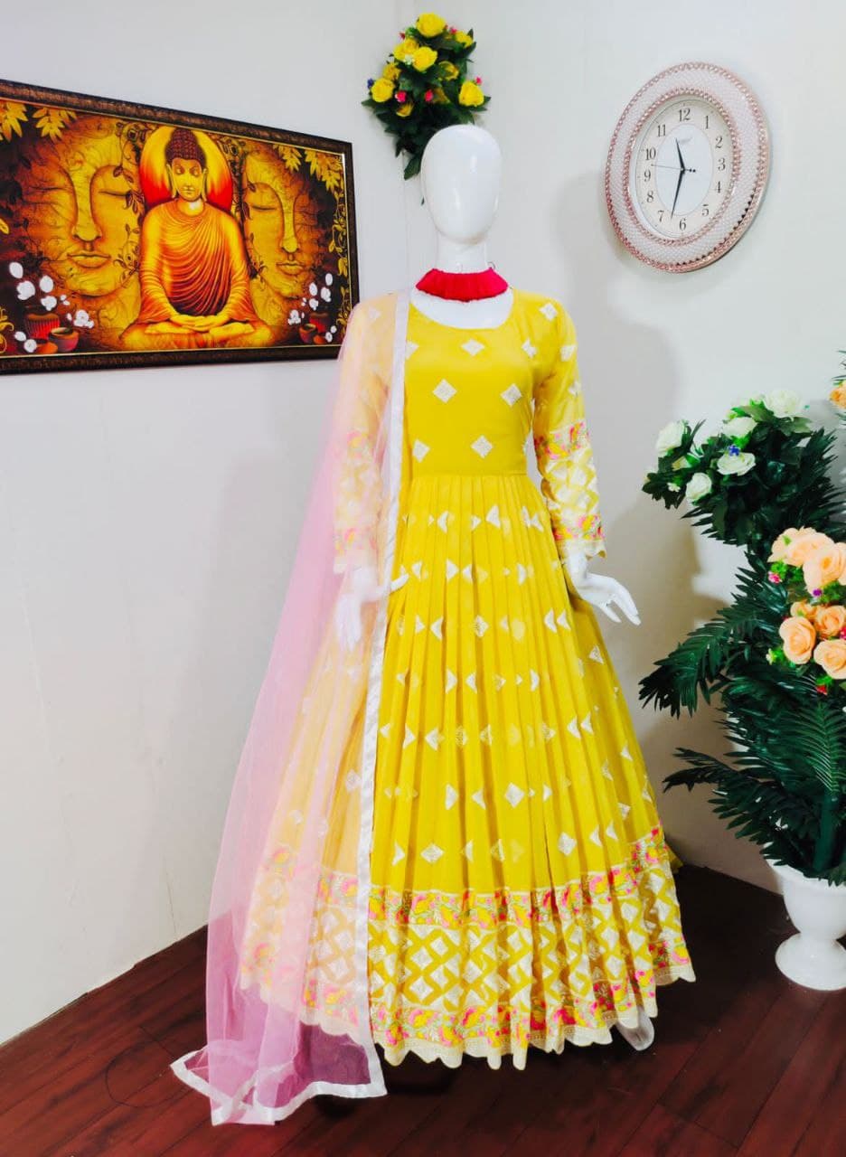 Yellow Salwar Suit In Fox Georgette With Embroidery Work