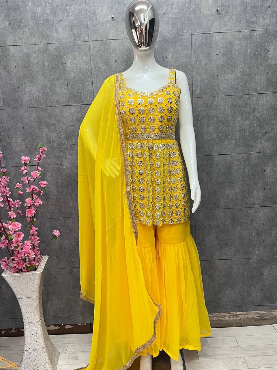 Yellow Salwar Suit In Georgette Silk With Embroidery Work
