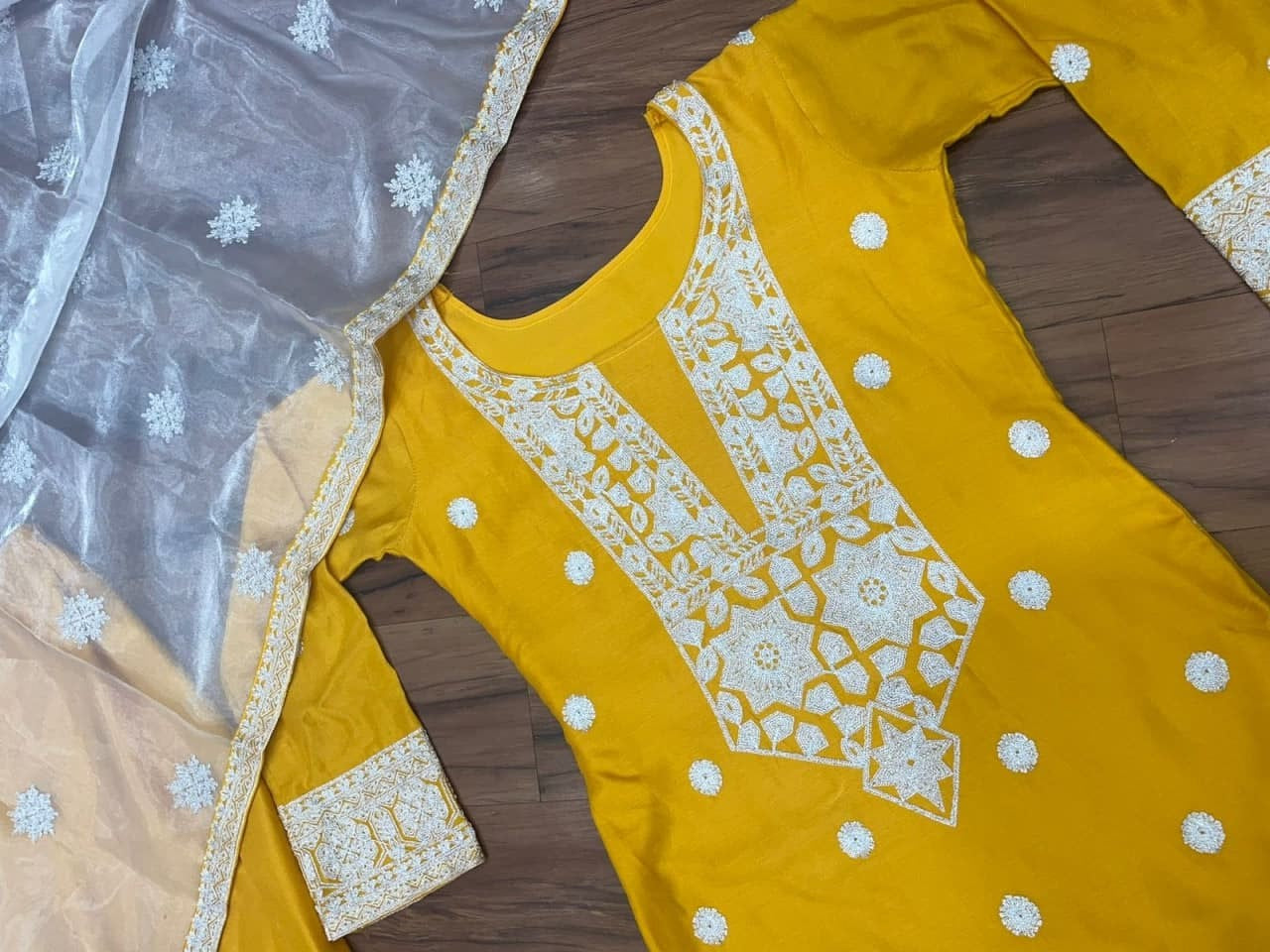 Yellow Salwar Suit In Ryon Cotton With Chain Stitch Work