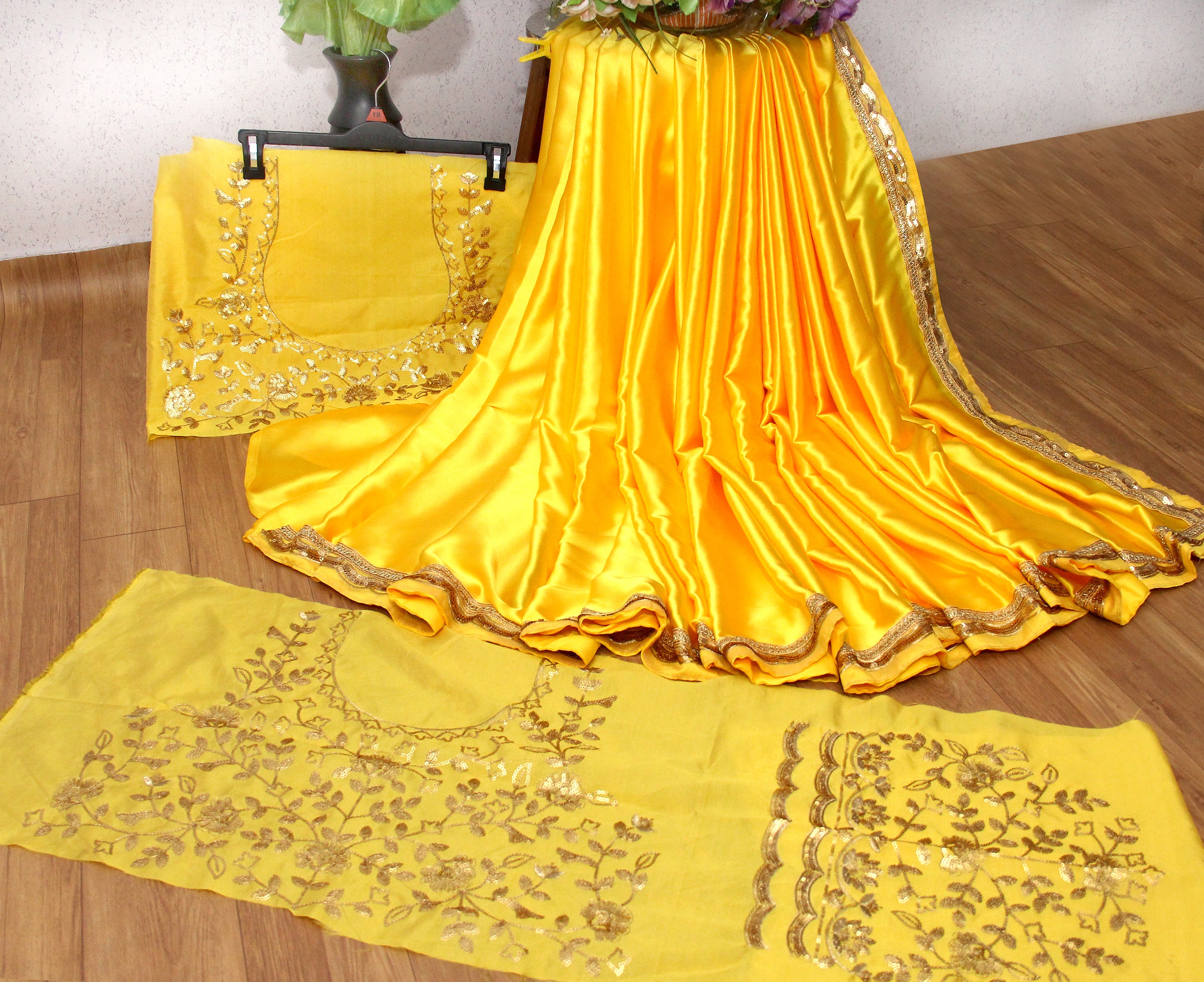 Yellow Saree In Japan Satin Silk With Sequence Work