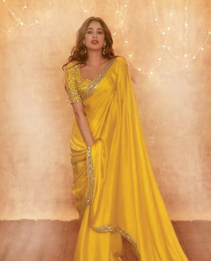 Yellow Saree In Japan Satin Silk With Sequence Work