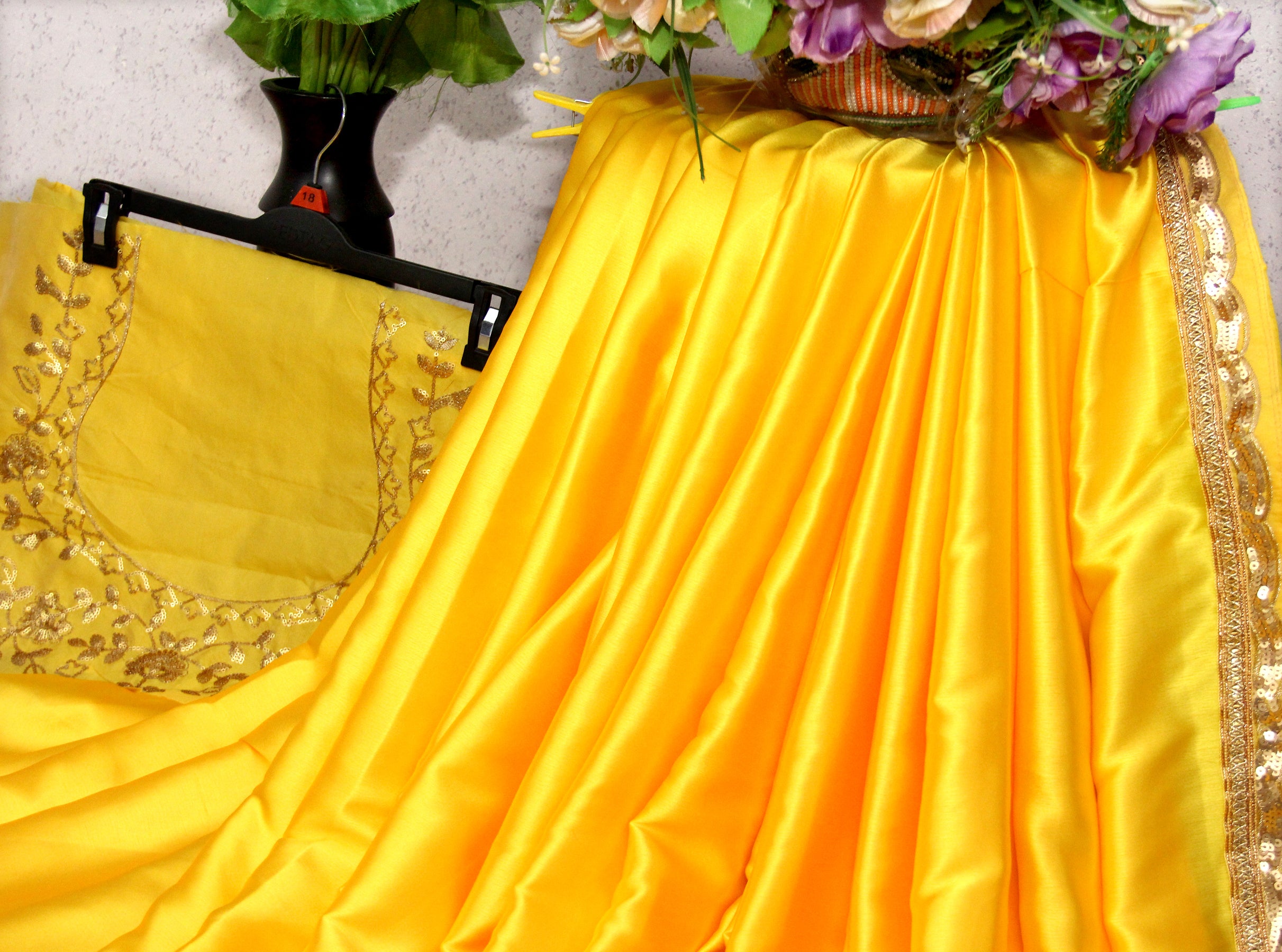 Yellow Saree In Japan Satin Silk With Sequence Work