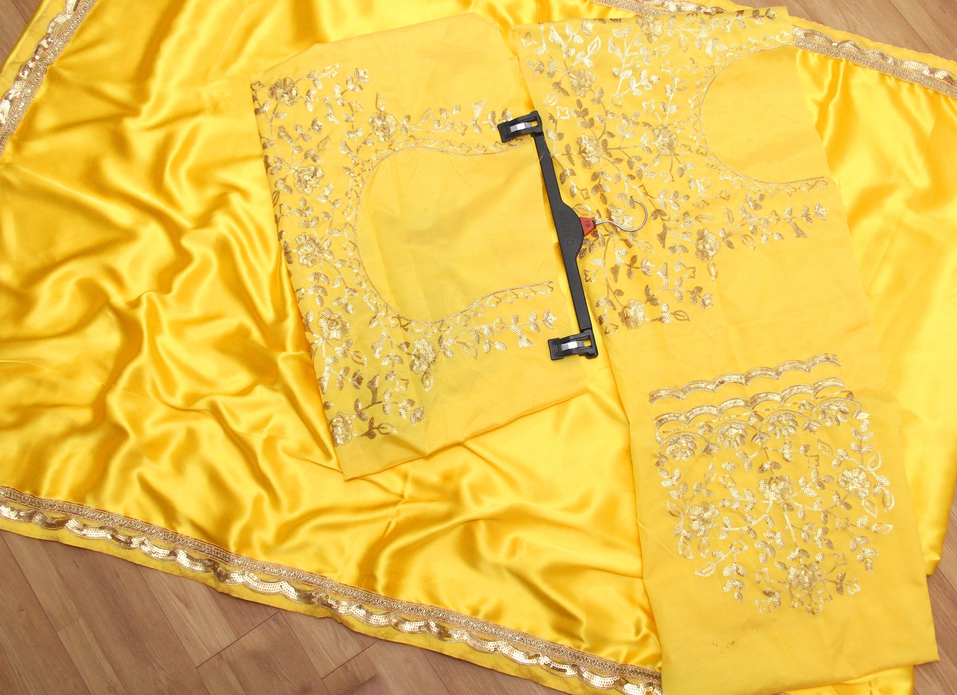 Yellow Saree In Japan Satin Silk With Sequence Work