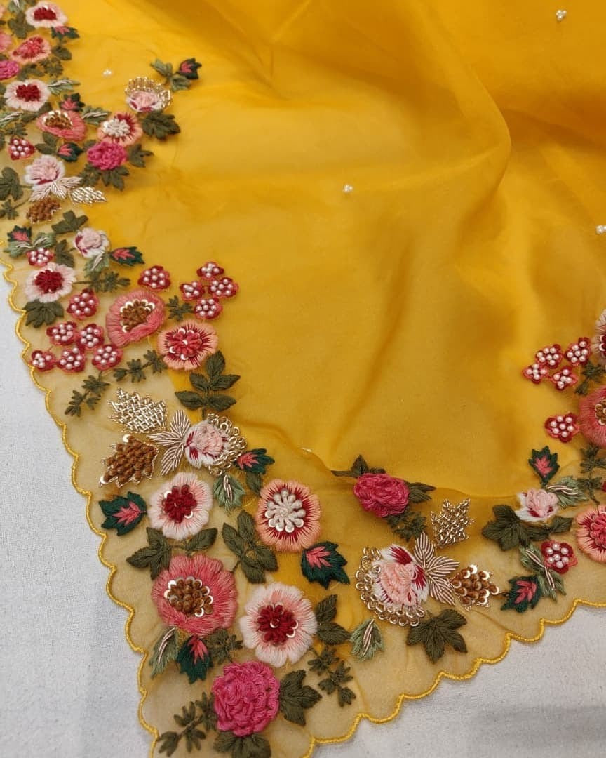 Yellow Saree In Organza Silk With Sequence Embroidery Work