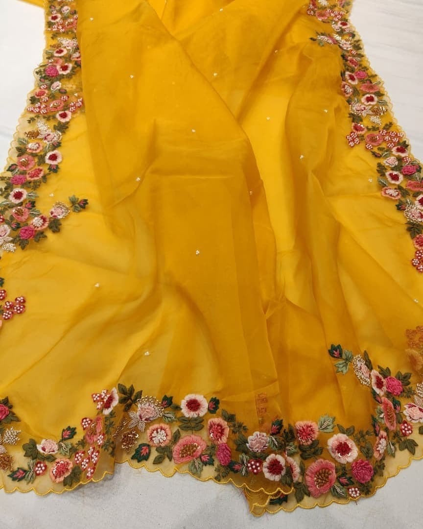 Yellow Saree In Organza Silk With Sequence Embroidery Work