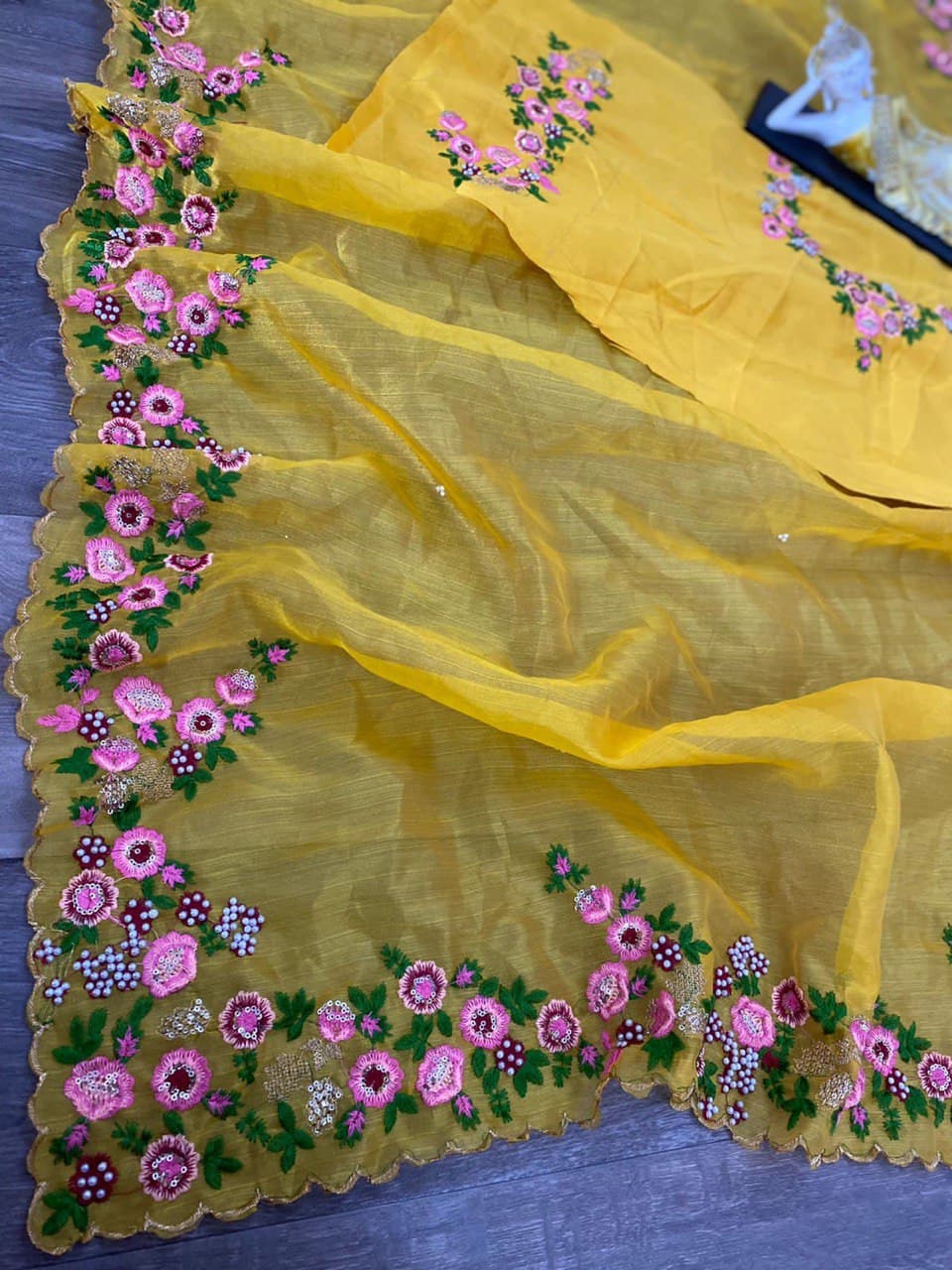 Yellow Saree In Organza Silk With Sequence Embroidery Work