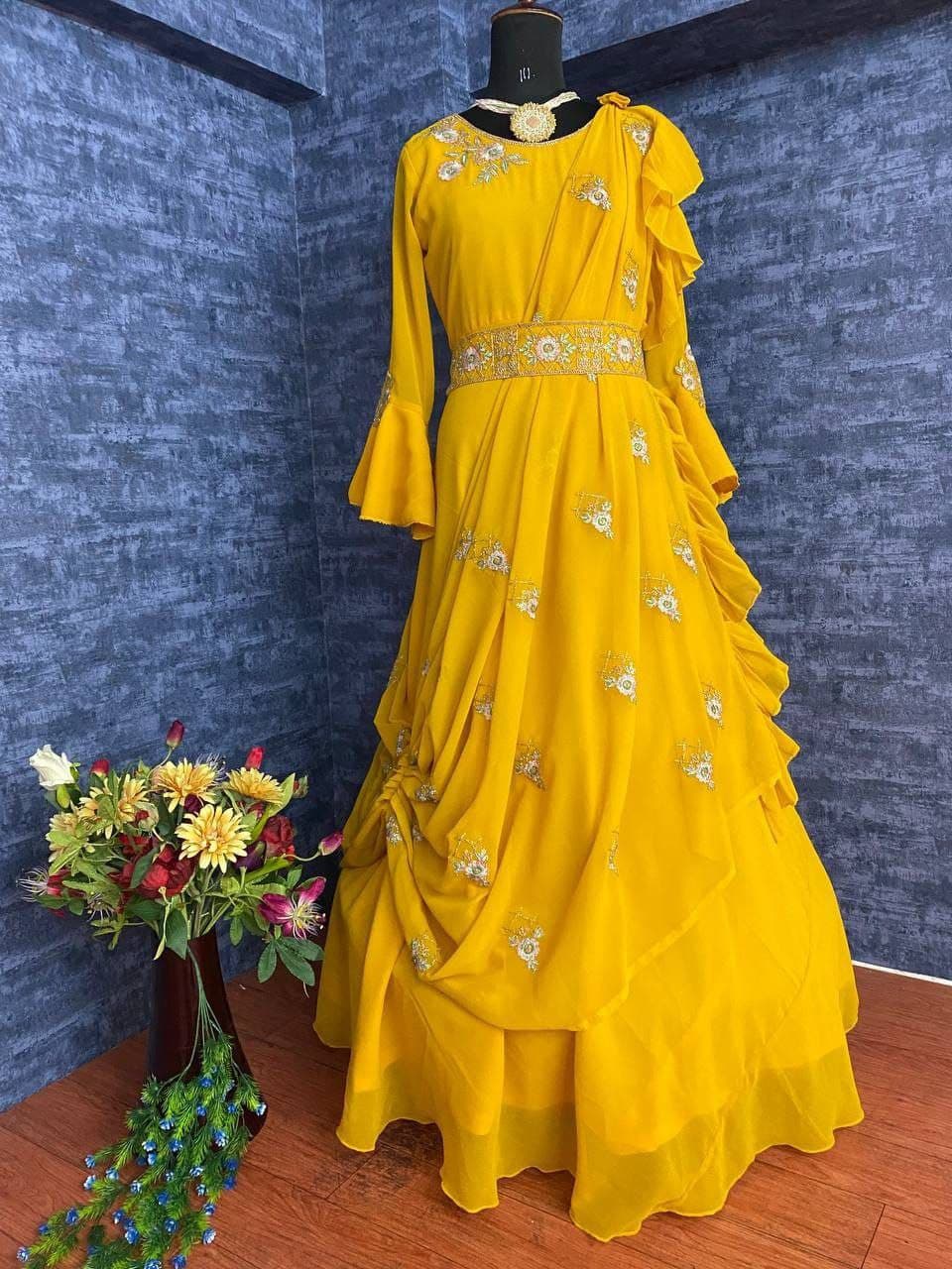 Yellow Soft Georgette Multi Thread Embroidery Work Gown With Belt